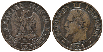 Франция 5 сантимов 1854 BB, Наполеон III (1852-1870) KM 777.3, Le Franc 116.10 бронза бронза 67-121