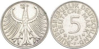 Германия 5 марок 1951 F KM 112 серебро 4593-346