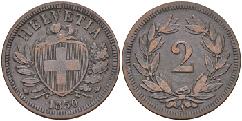 ШВЕЙЦАРИЯ 2 РАППЕНА 1850 А, ПЕРВЫЙ ГОД KM 4.1 бронза 188-263