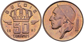 БЕЛЬГИЯ 50 САНТИМОВ 1980 BELGIE, БОДУЭН I (1951-1993) KM 149.1 бронза UNC 214-225