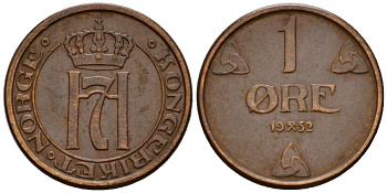 Норвегия 1 эре 1952 Хокон VII (1905-1957) KM 367 бронза 4602-251