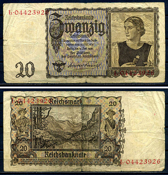 Германия 20 рейхсмарок 1939 Pick 185 бумага 7552-50-2-1