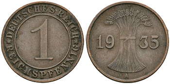 Германия 1 рейхспфенниг 1935 A KM 37, J. 313 бронза 4528-557