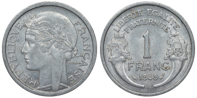 Франция 1 франк 1949 В KM 885а.2, Le Franc 221.16 алюминий 4128-331