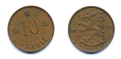 Финляндия 10 пенни 1935 республика (1918-1962) KM 24 медь 51-5446