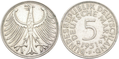 Германия 5 марок 1951 F KM 112 серебро 4593-346