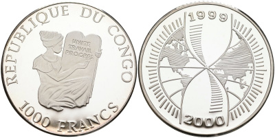 Конго 1000 франков 1999 миллениум, переход в новое тысячелетие (1999-2000) серебро PROOF 11-319-45