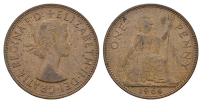 Великобритания 1 пенни 1964 Елизавета II (1952-2022) KM 897, Spink 4157 бронза 221-922