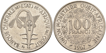 Валютное сообщество стран Западной Африки 100 франков 1967  KM 4 никель    4595-743