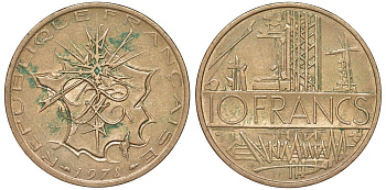 Франция 10 франков 1978 тип Матье KM 940, Le Franc 365.11-12 никель латунь 51-4034