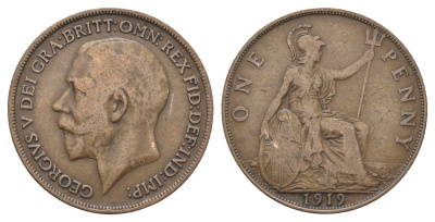 Великобритания 1 пенни 1919 Георг V (1910-1936) KM 810, Spink 4051 бронза 4661-621