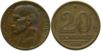 Бразилия 20 сентаво 1953 Руй Барбоза ди Оливейра KM 562, Schon 67 алюминиевая бронза 4567-926