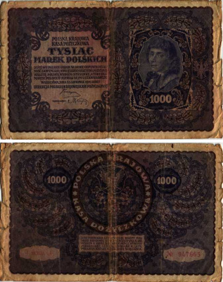 ПОЛЬША 1000 МАРОК 1919 23 АВГУСТА 1919, ТРЕТИЙ ВЫПУСК, ПОРТРЕТ КОСТЮШКО Pick 29 бумага VG 8607-14-1