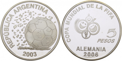 Аргентина 5 песо 2003 чемпионат мира по футболу в Германии 2006 FIFA KM 143 серебро PROOF 1077-4-11