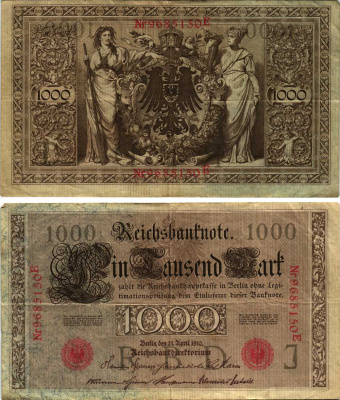 ГЕРМАНИЯ 1000 МАРОК 1910 21 АПРЕЛЯ 1910, СЕМИЗНАЧНЫЙ НОМЕР, СЕРИЯ Е Pick 44b бумага 8610-8-1