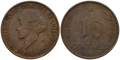 Люксембург 10 сантимов 1930 Шарлотта (1918-1964) KM 41 бронза 4577-313