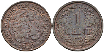Нидерланды 1 цент 1940 Вильгельмина (1890-1948) KM 152 бронза    4169-251