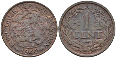 Нидерланды 1 цент 1940 Вильгельмина (1890-1948) KM 152 бронза    4169-251