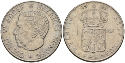 Швеция 1 крона 1969 U, Густав VI Адольф (1950-1973) KM 826а медь плакированная медно-никелем 4161-635