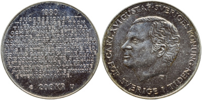 Швеция 200 крон 1980 U, Карл XVI Густав (1973- ), шведский королевский свод законов о престолонаследии KM 860 серебро PROOFLIKE 1072-5-42