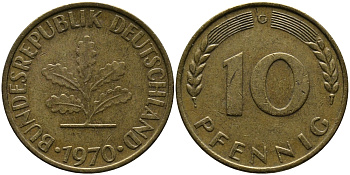 ФРГ 10 ПФЕННИГОВ 1970 G KM 108, J.383 сталь плакированная латунью 33-123