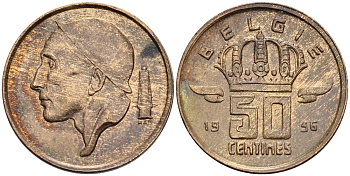 БЕЛЬГИЯ 50 САНТИМОВ 1956 BELGIE KM 149.1 бронза 4528-958