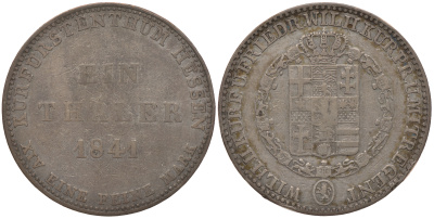 Гессен-Кассель 1 талер 1841 Вильгельм II Гессен-Кассельский (1821-1847) и Фридрих Вильгельм I (1831-1847) КМ 587, AKS 46, J. 32 серебро 00-1067-9-63