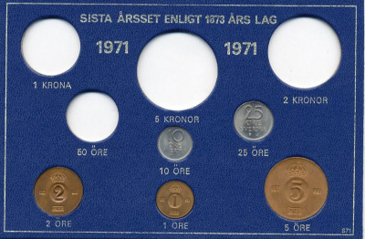 Швеция 1, 2, 5, 10, 25 эре 1971 Густав VI Адольф (1950-1973) в картоне набора монетного двора UNC 7-5-7-258