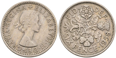 Великобритания 6 пенсов 1958 Елизавета II (1952-2022) KM 903, Spink 4149 медно-никель 4154-238