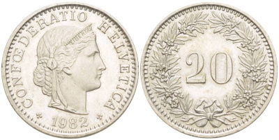 Швейцария 20 раппенов 1982 KM 29а медно-никель 4544-331
