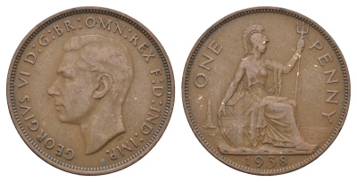 Великобритания 1 пенни 1938 Георг VI (1936-1952) KM 845, Spink 4114 бронза 4661-813