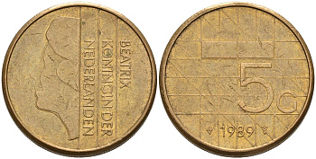 Нидерланды 5 гульденов 1989 Беатрикс (1980-2013) KM 210 никель плакированный бронзой 4572-845