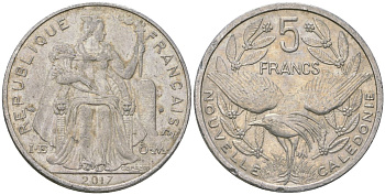 Французская Новая Каледония 5 франков 2017 птица кагу, (IEOM) KM 16, Schoen 12, Lec 81k алюминий 4120-124