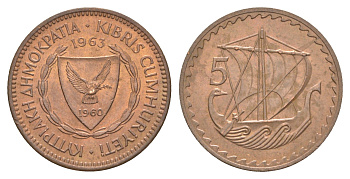 Кипр 5 милей 1963 KM 39 бронза UNC 4652-334