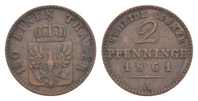 Пруссия 2 пфеннига 1861 A, Вильгельм I (1861-1888) KM 481, Jaeger 51, AKS 107, Olding 425 медь 4651-235