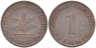 ФРГ 1 пфенниг 1950 D KM 105, J.380 сталь плакированная медью 187-852
