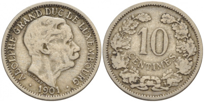 ЛЮКСЕМБУРГ 10 САНТИМОВ 1901 АДОЛЬФ (1890-1905) KM 25 медно-никель 4548-811