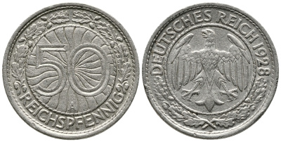 Германия 50 рейхспфеннигов 1928 A KM 49, J. 324 никель 24-1216