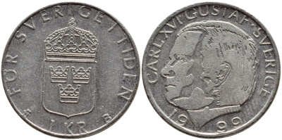 Швеция 1 крона 1999 Карл XVI Густав (1973- ) KM 852a медно-никель 4610-1043
