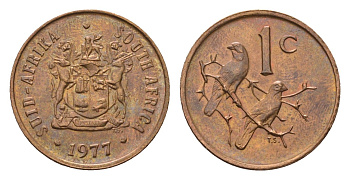 ЮАР 1 цент 1977 герб, капские воробьи KM 82 бронза UNC 4690-1224