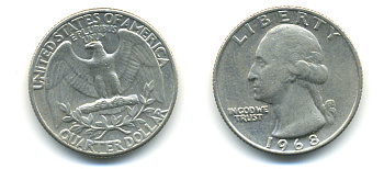 США 25 центов (квотер) 1968 Вашингтон KM 164а медь плакированная медно-никелем 93-1123