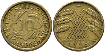 ГЕРМАНИЯ 10 РЕЙХСПФЕННИГОВ 1925 А KM 40, J.317 алюминиевая бронза 96-635