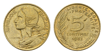 Франция 5 сантимов 1987 KM 933 алюминиевая бронза 192-955
