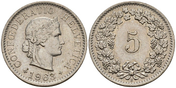 Швейцария 5 раппенов 1963 B KM 26 медно-никель 4189-335