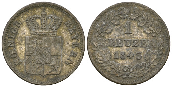 Бавария 1 крейцер 1843 Людвиг I (1825-1848) KM 422, AKS 88 серебро 4615-1221