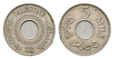 Израиль, Палестина 5 милей (милсов) 1934 Британская Палестина KM 3 медно-никель 5010-1914