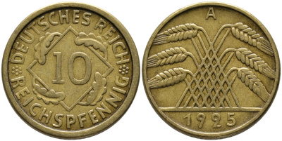 ГЕРМАНИЯ 10 РЕЙХСПФЕННИГОВ 1925 А KM 40, J.317 алюминиевая бронза 96-635