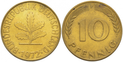 ФРГ 10 ПФЕННИГОВ 1972 F KM 108, J. 383 сталь плакированная латунью 4548-817