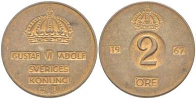 Швеция 2 эре 1967 Густав VI Адольф (1950-1973) KM 821 бронза 77-517