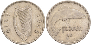 Ирландия 1 флорин = 2 шиллинга 1968 лосось KM 15а медно-никель 3855-1212